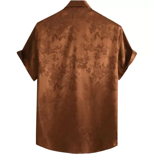 Floerns Men's Floral Jacquard Short Sleeve Button Front Satin Shirt Blouse Top