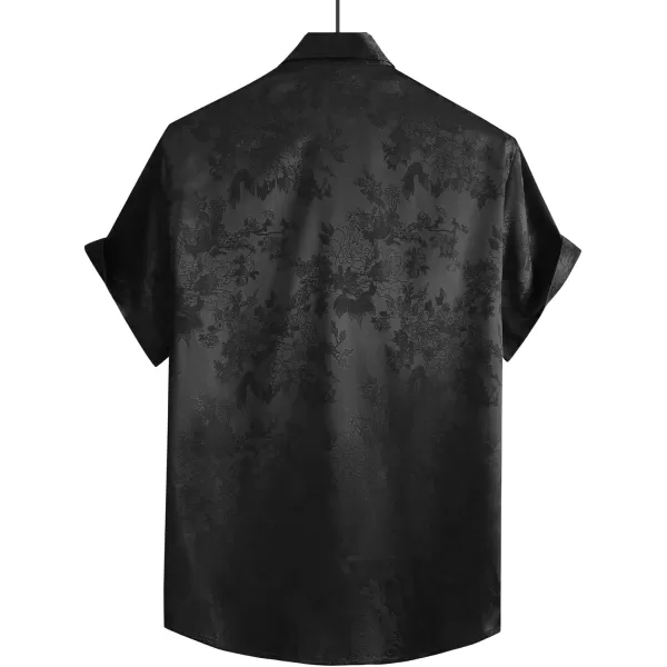 Floerns Men's Floral Jacquard Short Sleeve Button Front Satin Shirt Blouse Top