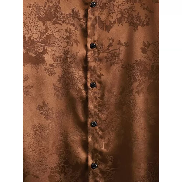 Floerns Men's Floral Jacquard Short Sleeve Button Front Satin Shirt Blouse Top
