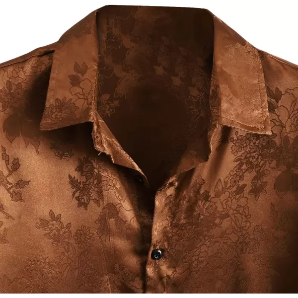 Floerns Men's Floral Jacquard Short Sleeve Button Front Satin Shirt Blouse Top