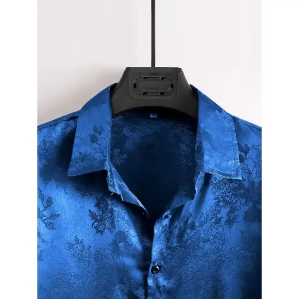 Floerns Men's Floral Jacquard Short Sleeve Button Front Satin Shirt Blouse Top