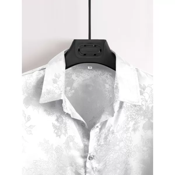 Floerns Men's Floral Jacquard Short Sleeve Button Front Satin Shirt Blouse Top