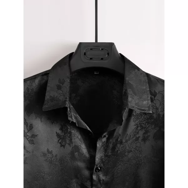 Floerns Men's Floral Jacquard Short Sleeve Button Front Satin Shirt Blouse Top