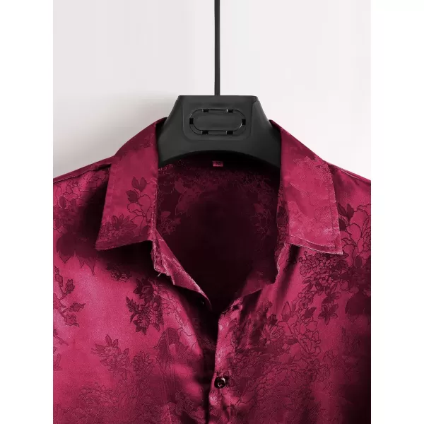 Floerns Men's Floral Jacquard Short Sleeve Button Front Satin Shirt Blouse Top