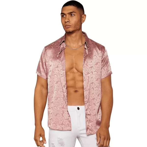 Floerns Men's Floral Jacquard Short Sleeve Button Front Satin Shirt Blouse Top