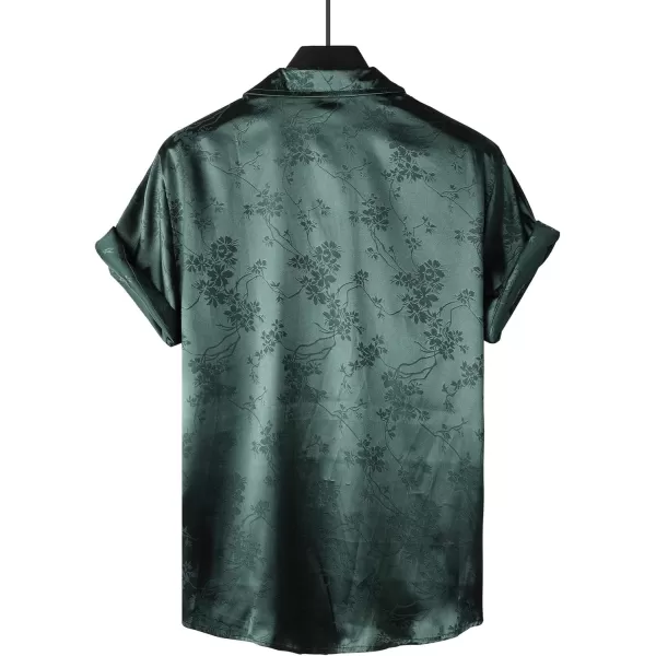 Floerns Men's Floral Jacquard Short Sleeve Button Front Satin Shirt Blouse Top