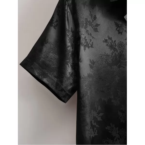 Floerns Men's Floral Jacquard Short Sleeve Button Front Satin Shirt Blouse Top
