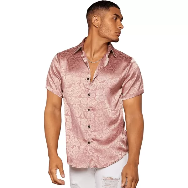 Floerns Men's Floral Jacquard Short Sleeve Button Front Satin Shirt Blouse Top