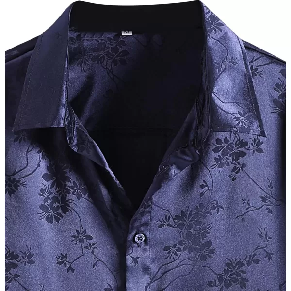Floerns Men's Floral Jacquard Short Sleeve Button Front Satin Shirt Blouse Top