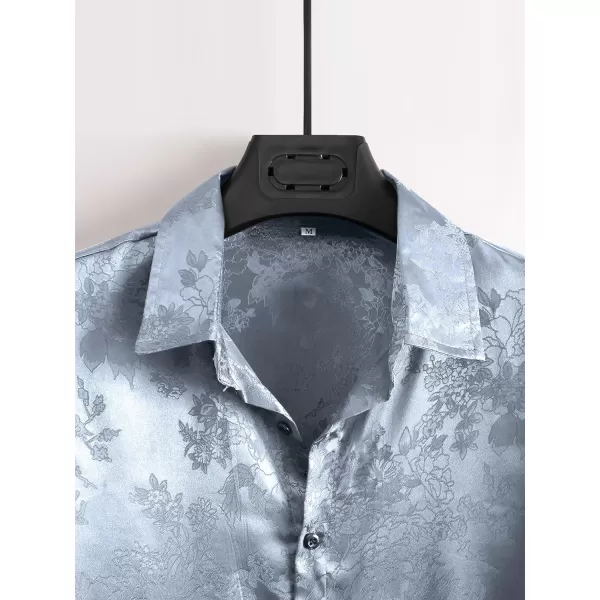 Floerns Men's Floral Jacquard Short Sleeve Button Front Satin Shirt Blouse Top