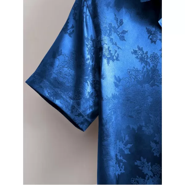 Floerns Men's Floral Jacquard Short Sleeve Button Front Satin Shirt Blouse Top