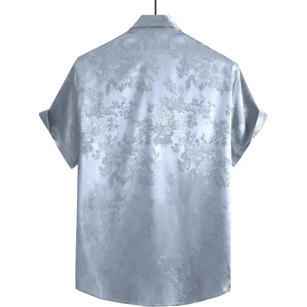 Floerns Men's Floral Jacquard Short Sleeve Button Front Satin Shirt Blouse Top