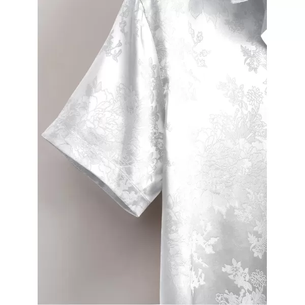 Floerns Men's Floral Jacquard Short Sleeve Button Front Satin Shirt Blouse Top