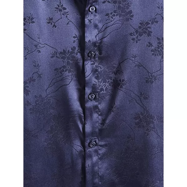 Floerns Men's Floral Jacquard Short Sleeve Button Front Satin Shirt Blouse Top