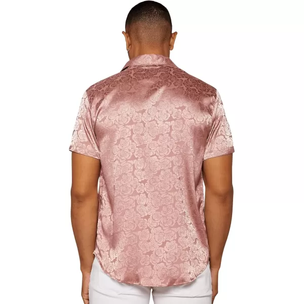 Floerns Men's Floral Jacquard Short Sleeve Button Front Satin Shirt Blouse Top