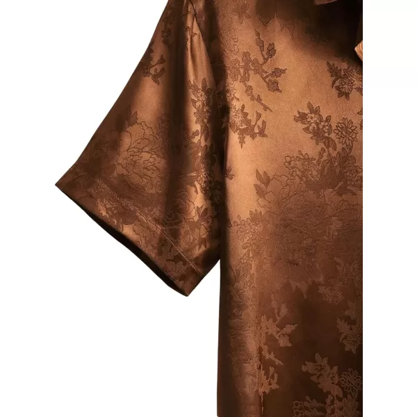 Floerns Men's Floral Jacquard Short Sleeve Button Front Satin Shirt Blouse Top