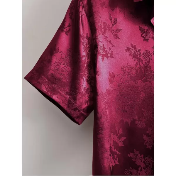 Floerns Men's Floral Jacquard Short Sleeve Button Front Satin Shirt Blouse Top