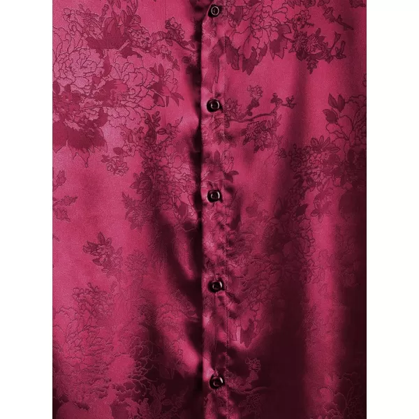 Floerns Men's Floral Jacquard Short Sleeve Button Front Satin Shirt Blouse Top