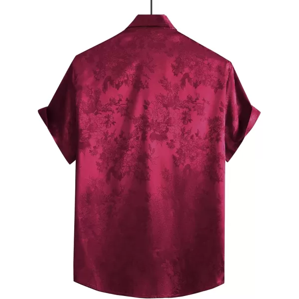 Floerns Men's Floral Jacquard Short Sleeve Button Front Satin Shirt Blouse Top