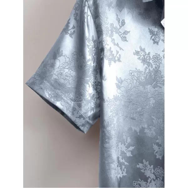 Floerns Men's Floral Jacquard Short Sleeve Button Front Satin Shirt Blouse Top