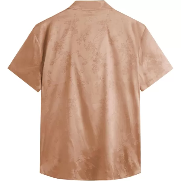 Floerns Men's Floral Jacquard Short Sleeve Button Front Satin Shirt Blouse Top