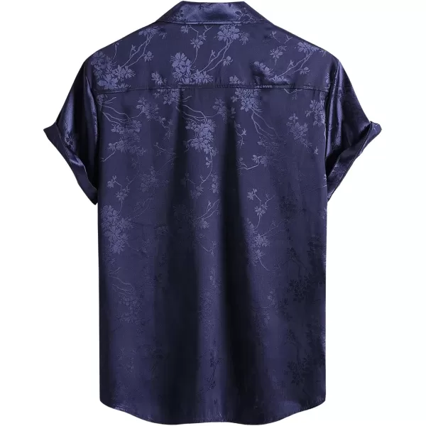 Floerns Men's Floral Jacquard Short Sleeve Button Front Satin Shirt Blouse Top