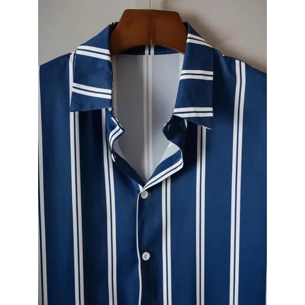 Floerns Men's Striped Print Button Down Lapel Collar Short Sleeve Shirts Blouse