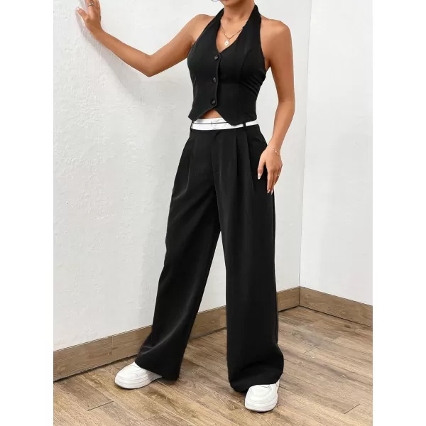 Floerns Women's 2 Piece Outfit Button Front Halter Top with Wide Leg Pants Set
