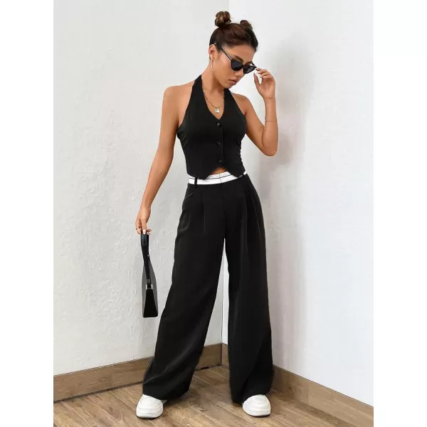 Floerns Women's 2 Piece Outfit Button Front Halter Top with Wide Leg Pants Set