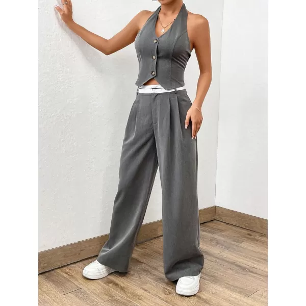 Floerns Women's 2 Piece Outfit Button Front Halter Top with Wide Leg Pants Set