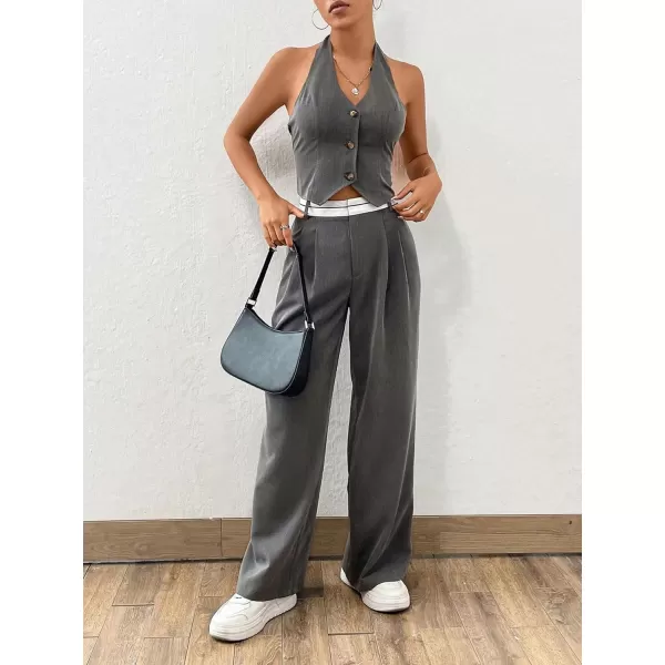 Floerns Women's 2 Piece Outfit Button Front Halter Top with Wide Leg Pants Set