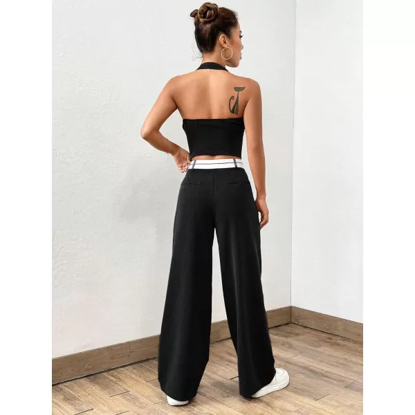 Floerns Women's 2 Piece Outfit Button Front Halter Top with Wide Leg Pants Set
