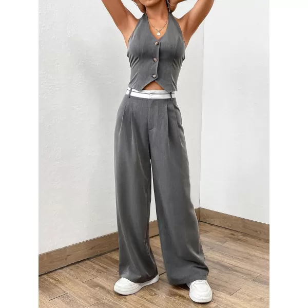Floerns Women's 2 Piece Outfit Button Front Halter Top with Wide Leg Pants Set
