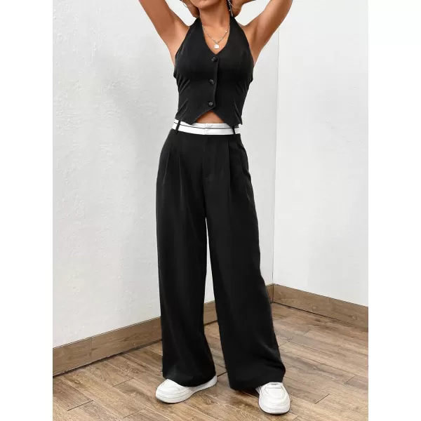 Floerns Women's 2 Piece Outfit Button Front Halter Top with Wide Leg Pants Set