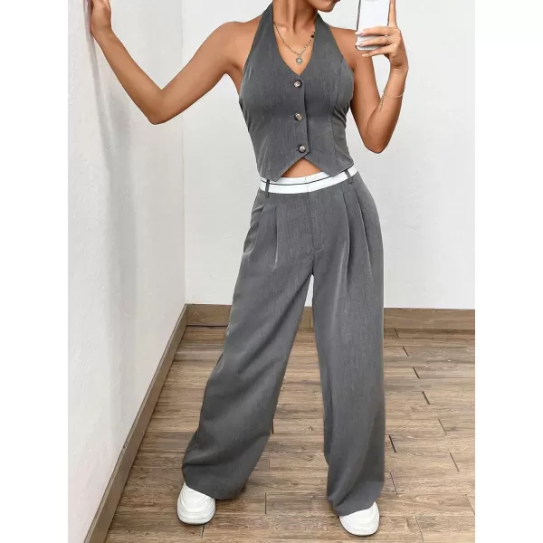 Floerns Women's 2 Piece Outfit Button Front Halter Top with Wide Leg Pants Set