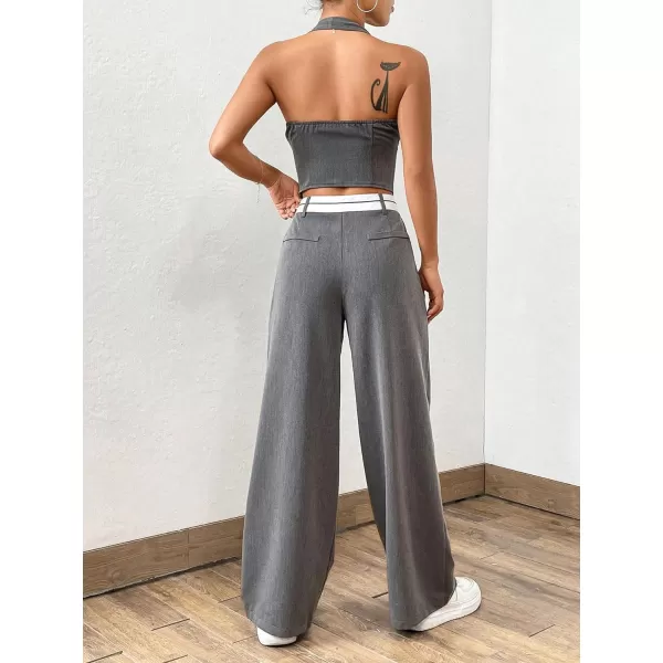 Floerns Women's 2 Piece Outfit Button Front Halter Top with Wide Leg Pants Set