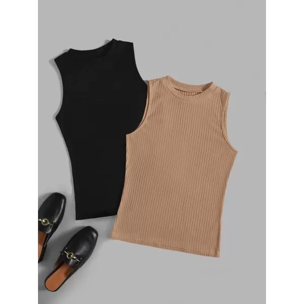Floerns Women's 2 Piece Sleeveless Rib Knit Round Neck Camisole Tank Top