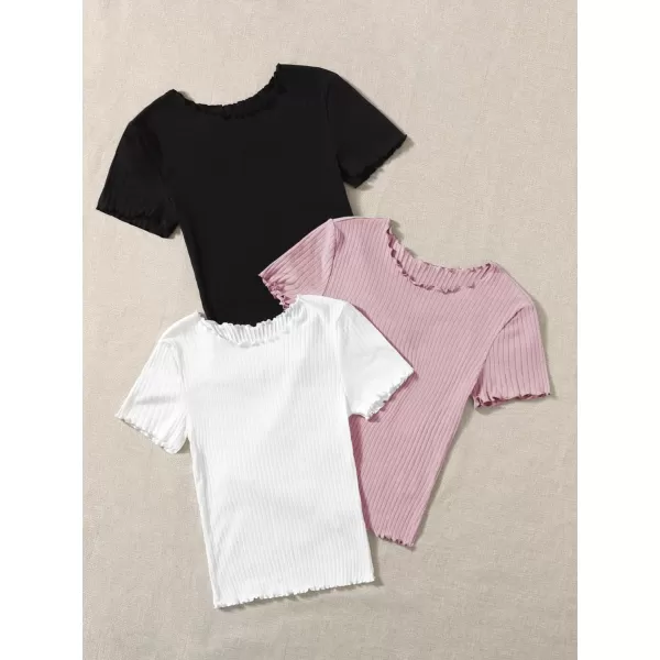 Floerns Women's 3 Pcs Lettuce Trim Short Sleeve Rib Knit Tee Shirt Top
