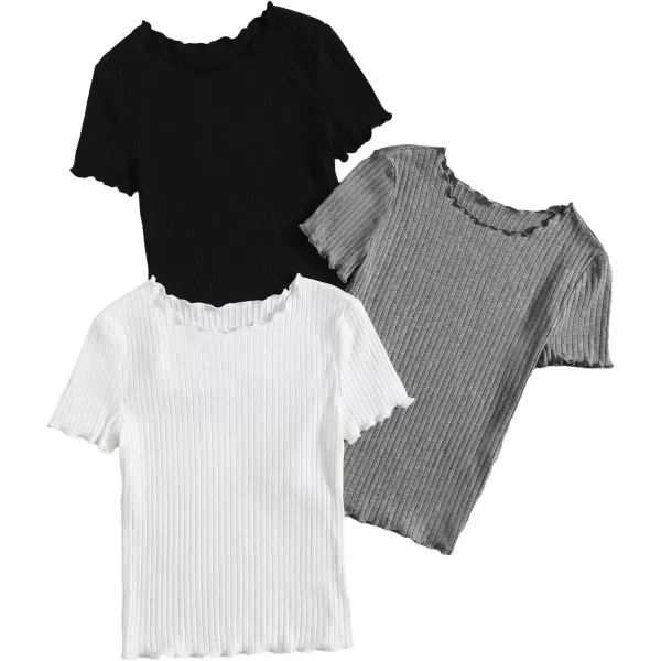 Floerns Women's 3 Pcs Lettuce Trim Short Sleeve Rib Knit Tee Shirt Top