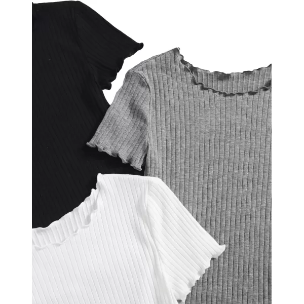 Floerns Women's 3 Pcs Lettuce Trim Short Sleeve Rib Knit Tee Shirt Top