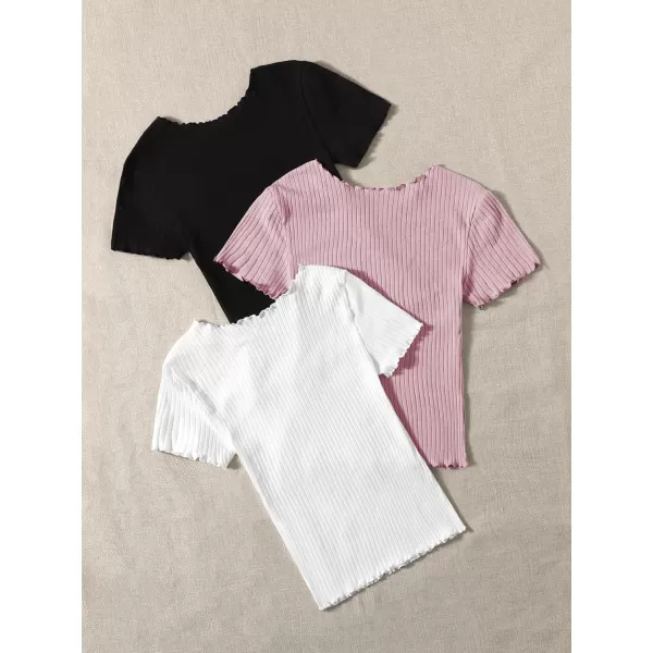 Floerns Women's 3 Pcs Lettuce Trim Short Sleeve Rib Knit Tee Shirt Top
