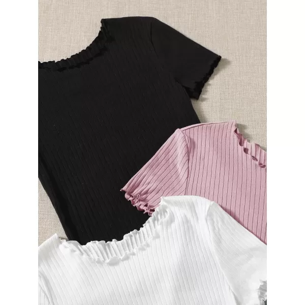 Floerns Women's 3 Pcs Lettuce Trim Short Sleeve Rib Knit Tee Shirt Top