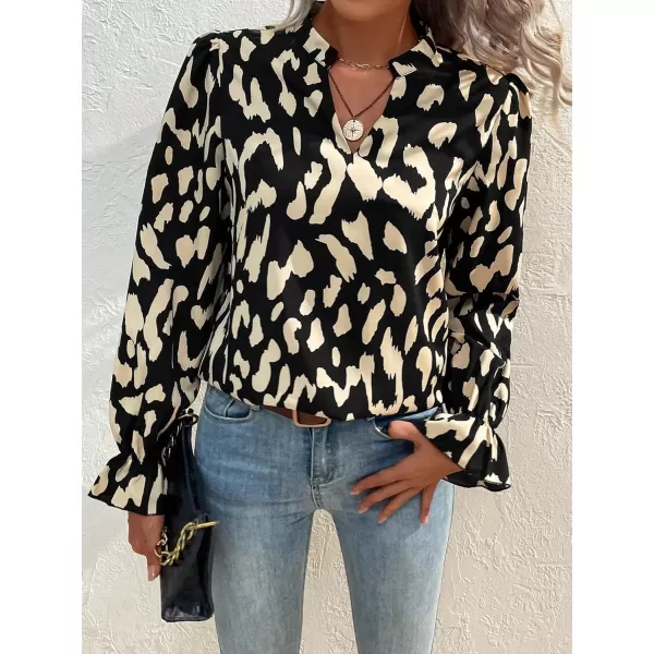 Floerns Women's All Over Print V Neck Blouse Shirt Long Sleeve Casual Work Tops
