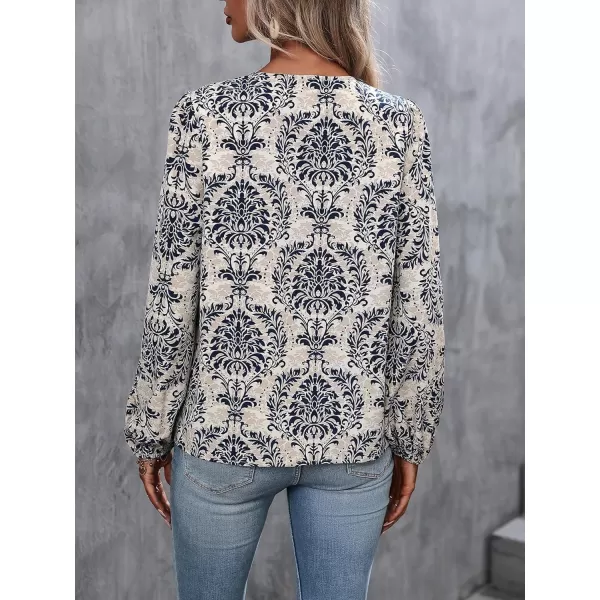 Floerns Women's All Over Print V Neck Blouse Shirt Long Sleeve Casual Work Tops