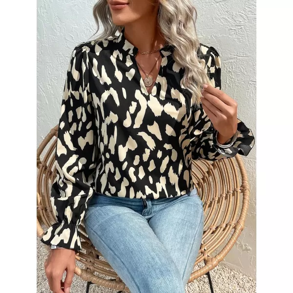 Floerns Women's All Over Print V Neck Blouse Shirt Long Sleeve Casual Work Tops