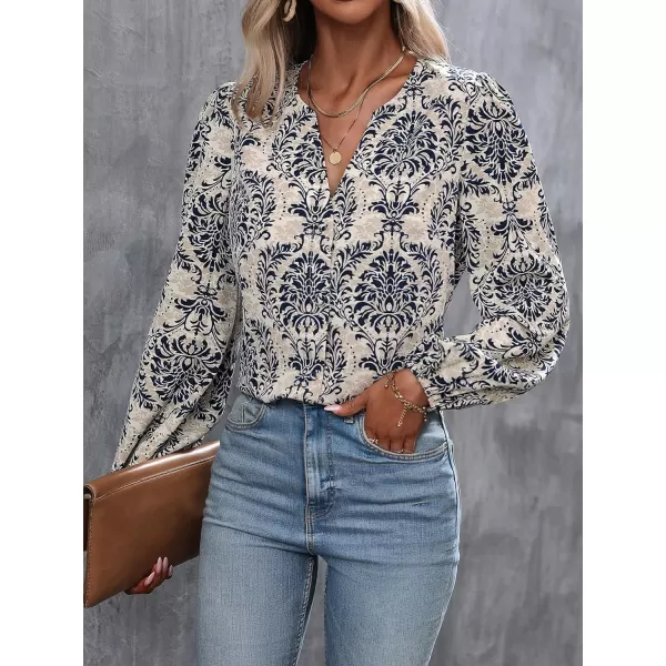Floerns Women's All Over Print V Neck Blouse Shirt Long Sleeve Casual Work Tops