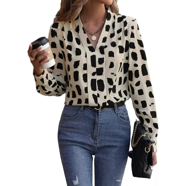 Floerns Women's All Over Print V Neck Blouse Shirt Long Sleeve Casual Work Tops