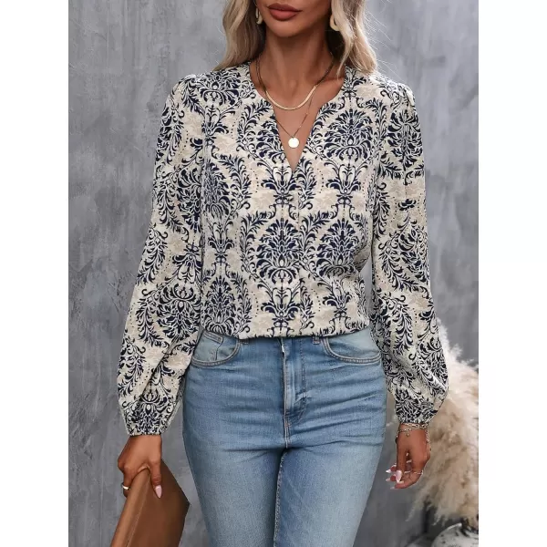 Floerns Women's All Over Print V Neck Blouse Shirt Long Sleeve Casual Work Tops