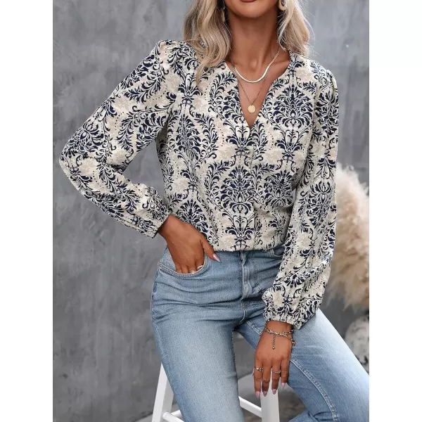 Floerns Women's All Over Print V Neck Blouse Shirt Long Sleeve Casual Work Tops