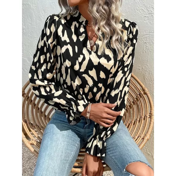 Floerns Women's All Over Print V Neck Blouse Shirt Long Sleeve Casual Work Tops